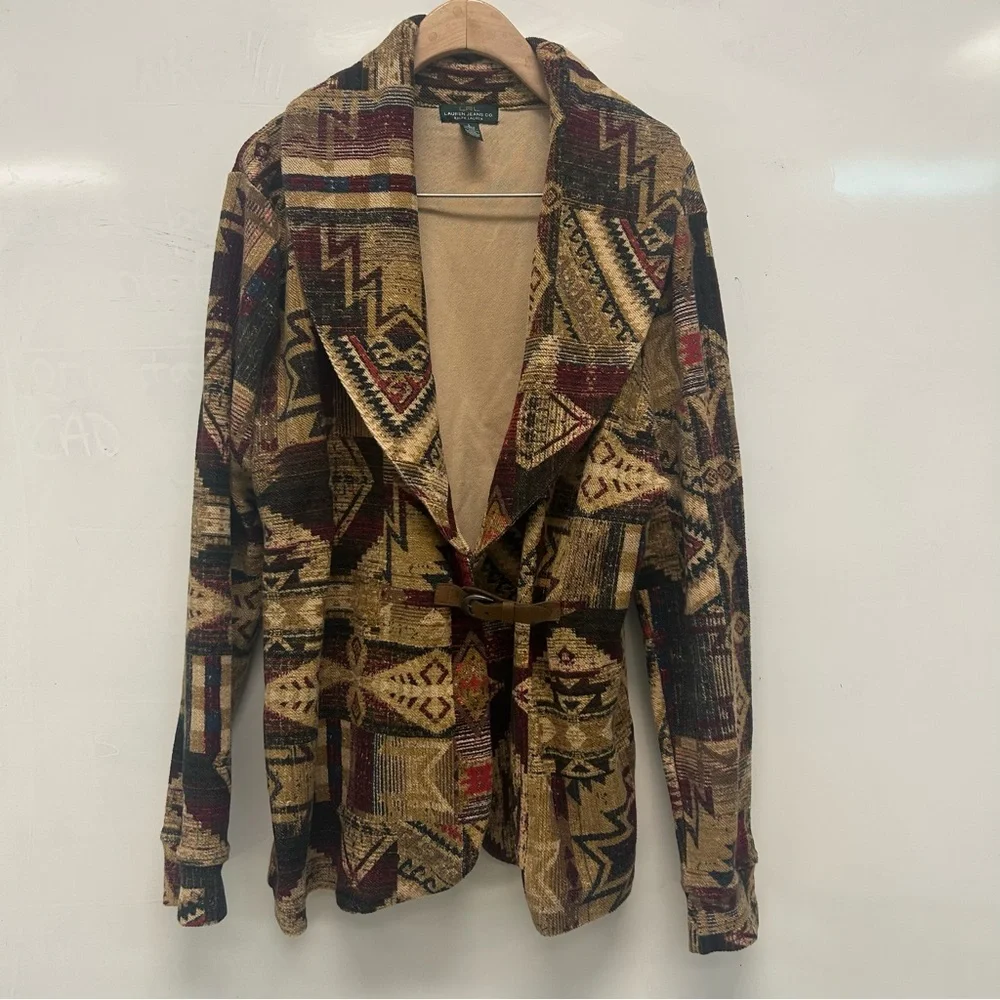 Lauren Ralph Lauren southwest Aztec print leather toggle blazer cardigan L - Picture 2 of 9